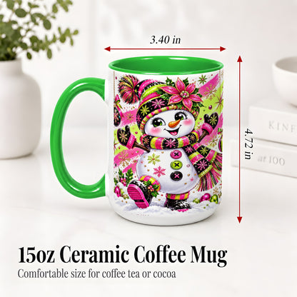 #pl[15oz|Green] Colorful Christmas Snowman Ceramic Mug, Mug with Festive Artwork