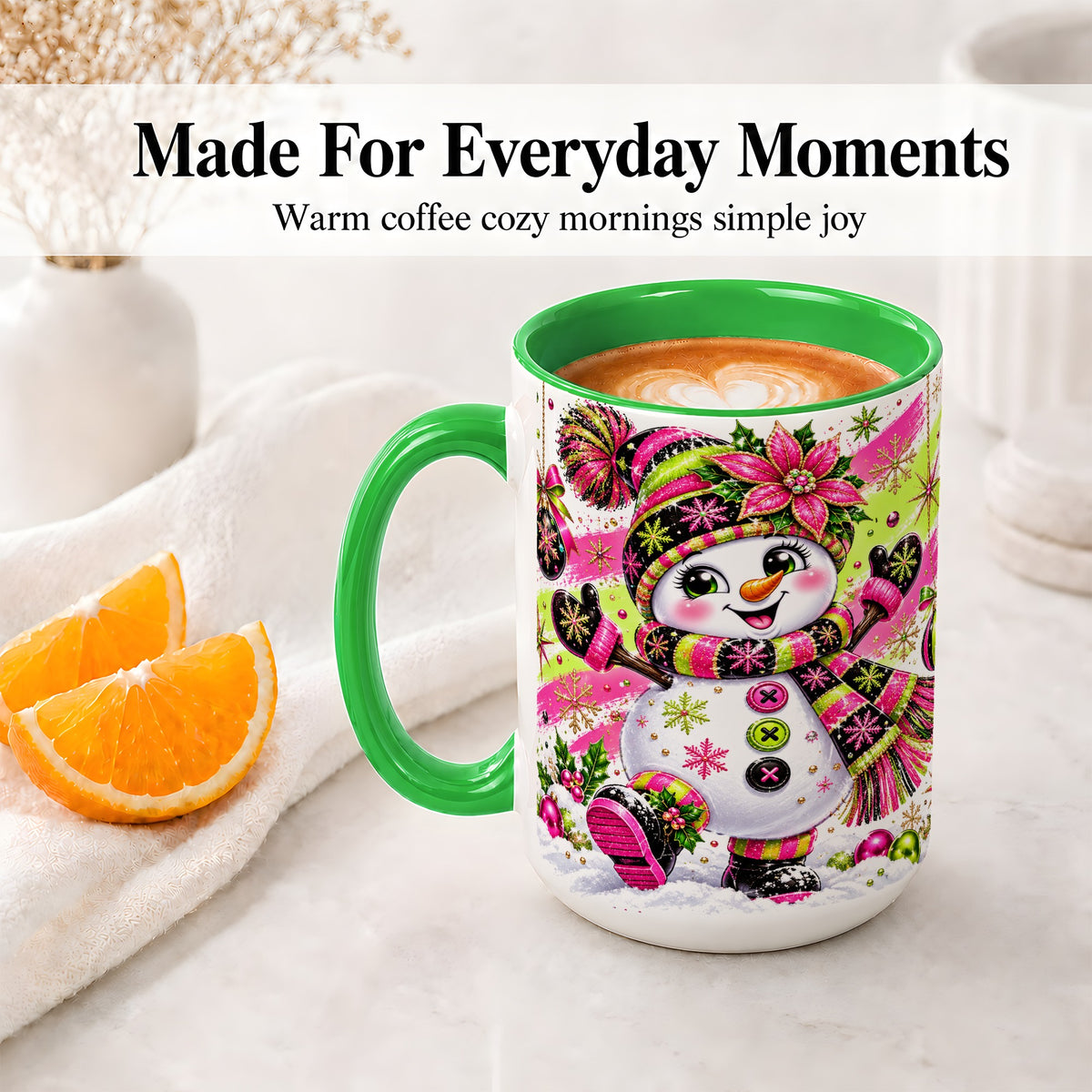 #pl[15oz|Green] Colorful Christmas Snowman Ceramic Mug, Mug with Festive Artwork