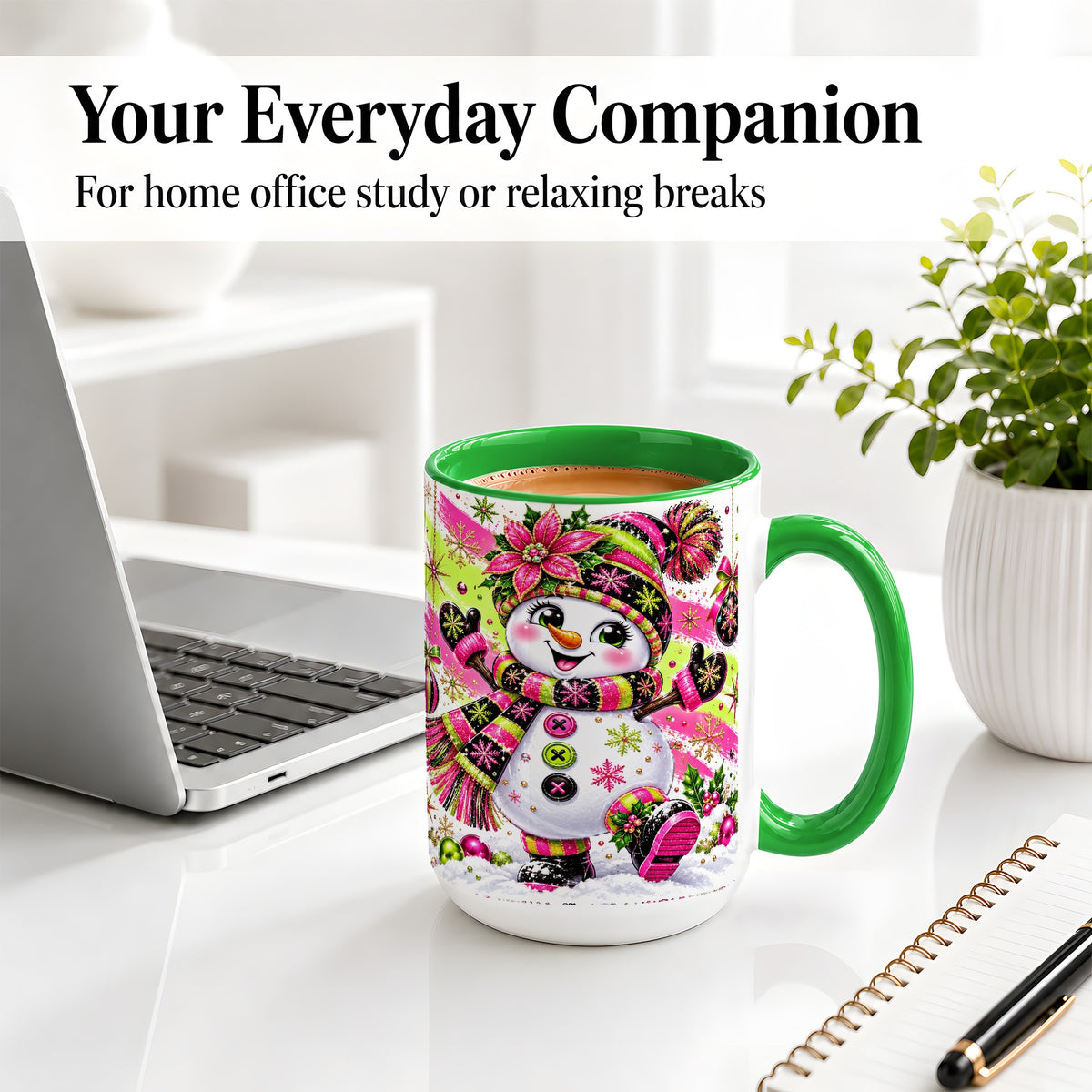 #pl[15oz|Green] Colorful Christmas Snowman Ceramic Mug, Mug with Festive Artwork