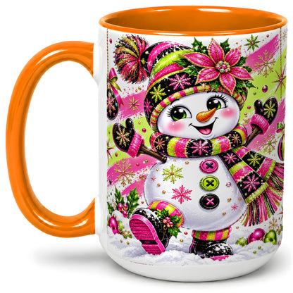 #pl[15oz|Orange] Colorful Christmas Snowman Ceramic Mug, Mug with Festive Artwork
