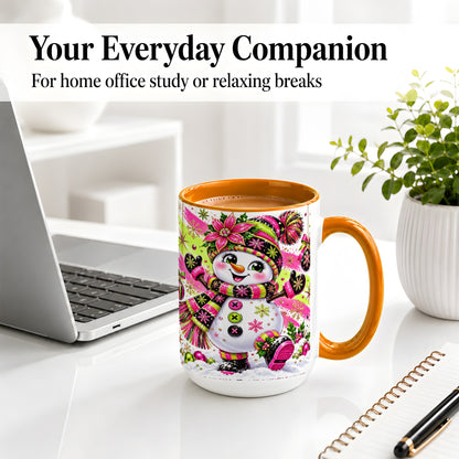 #pl[15oz|Orange] Colorful Christmas Snowman Ceramic Mug, Mug with Festive Artwork