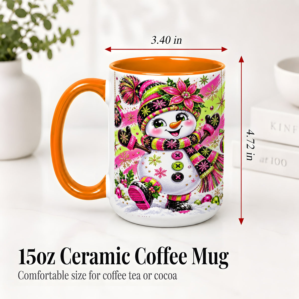 #pl[15oz|Orange] Colorful Christmas Snowman Ceramic Mug, Mug with Festive Artwork