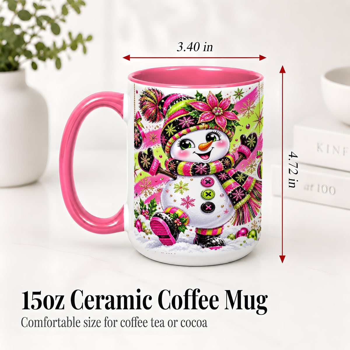 #pl[15oz|Pink] Colorful Christmas Snowman Ceramic Mug, Mug with Festive Artwork