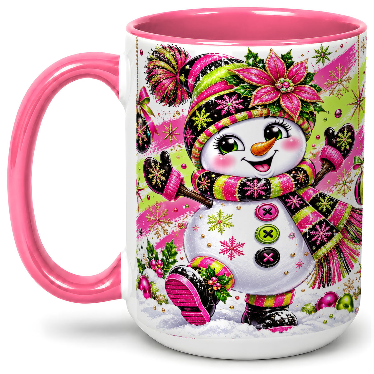 #pl[15oz|Pink] Colorful Christmas Snowman Ceramic Mug, Mug with Festive Artwork