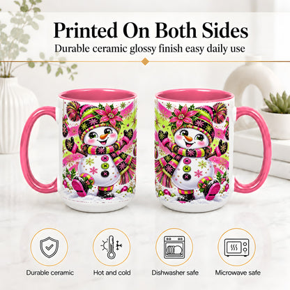 #pl[15oz|Pink] Colorful Christmas Snowman Ceramic Mug, Mug with Festive Artwork