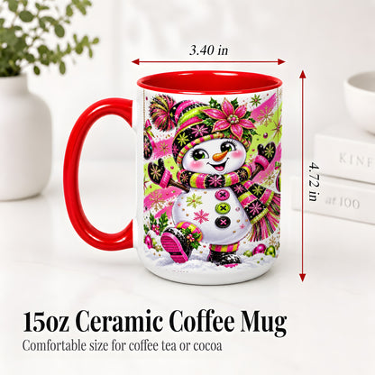 #pl[15oz|Red] Colorful Christmas Snowman Ceramic Mug, Mug with Festive Artwork