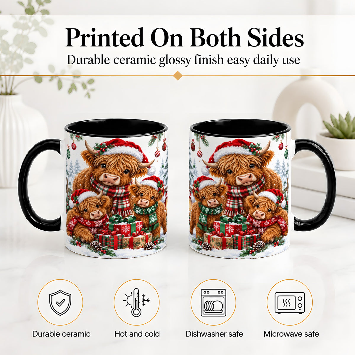 #pl[11oz|Black] Christmas Highland Cow Ceramic Mug, Mug with Winter Farm Artwork