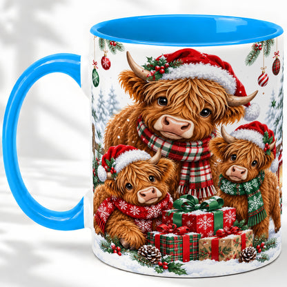 #pl[11oz|Blue] Christmas Highland Cow Ceramic Mug, Mug with Winter Farm Artwork