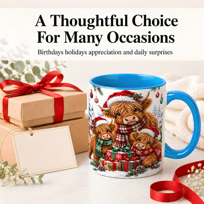 #pl[11oz|Blue] Christmas Highland Cow Ceramic Mug, Mug with Winter Farm Artwork