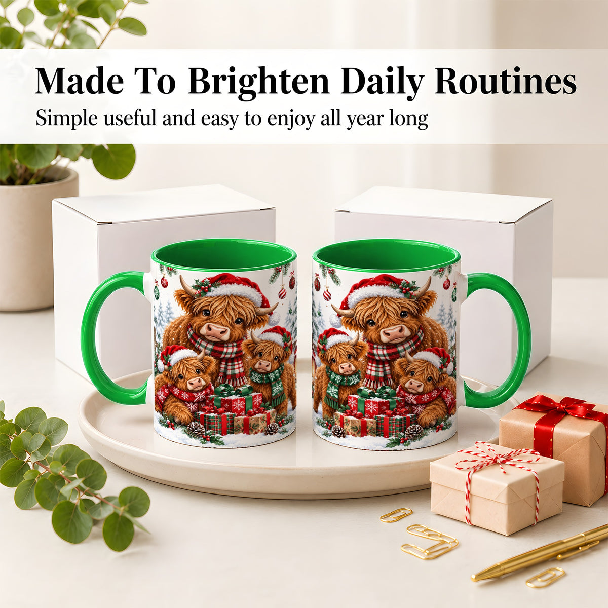 #pl[11oz|Green] Christmas Highland Cow Ceramic Mug, Mug with Winter Farm Artwork