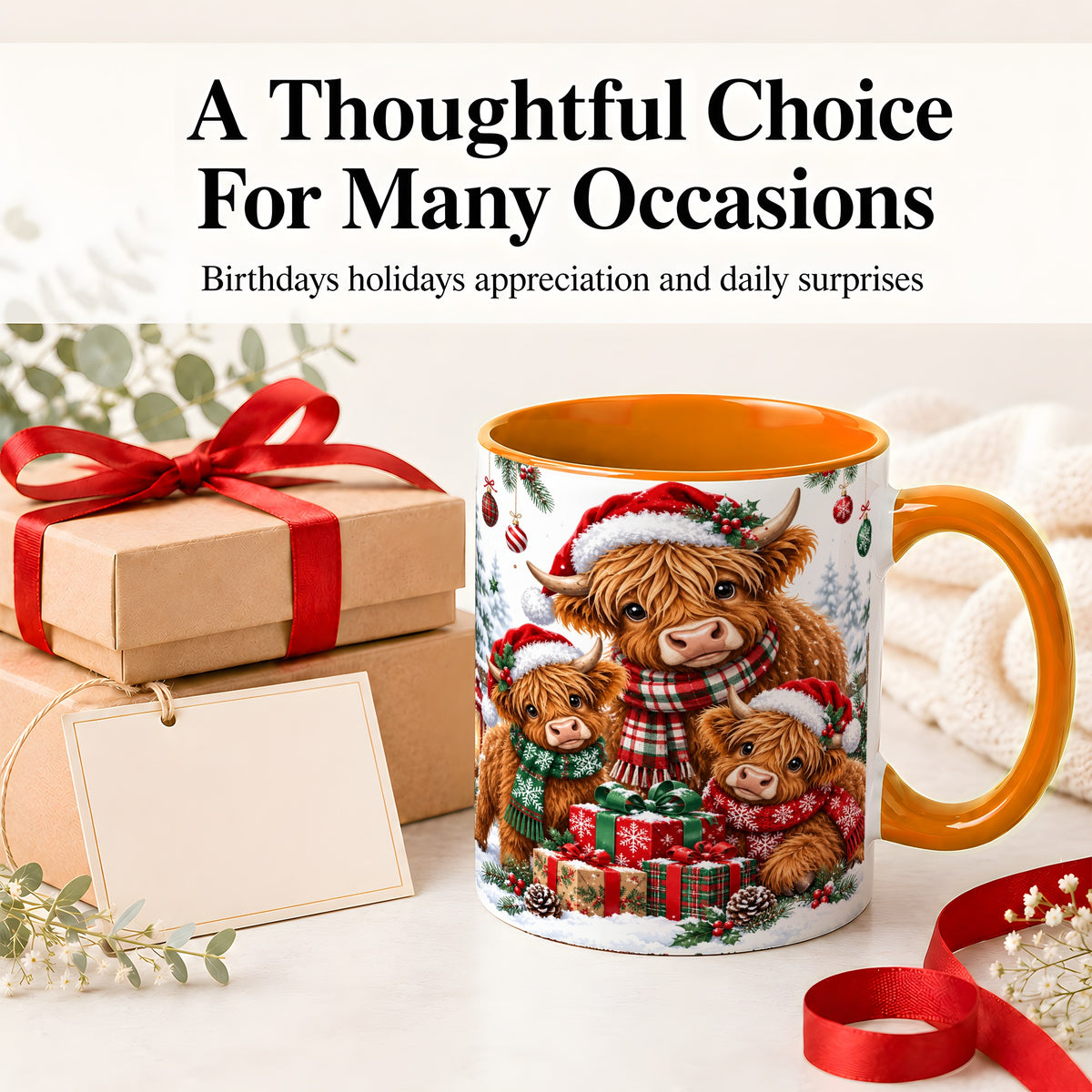 #pl[11oz|Orange] Christmas Highland Cow Ceramic Mug, Mug with Winter Farm Artwork