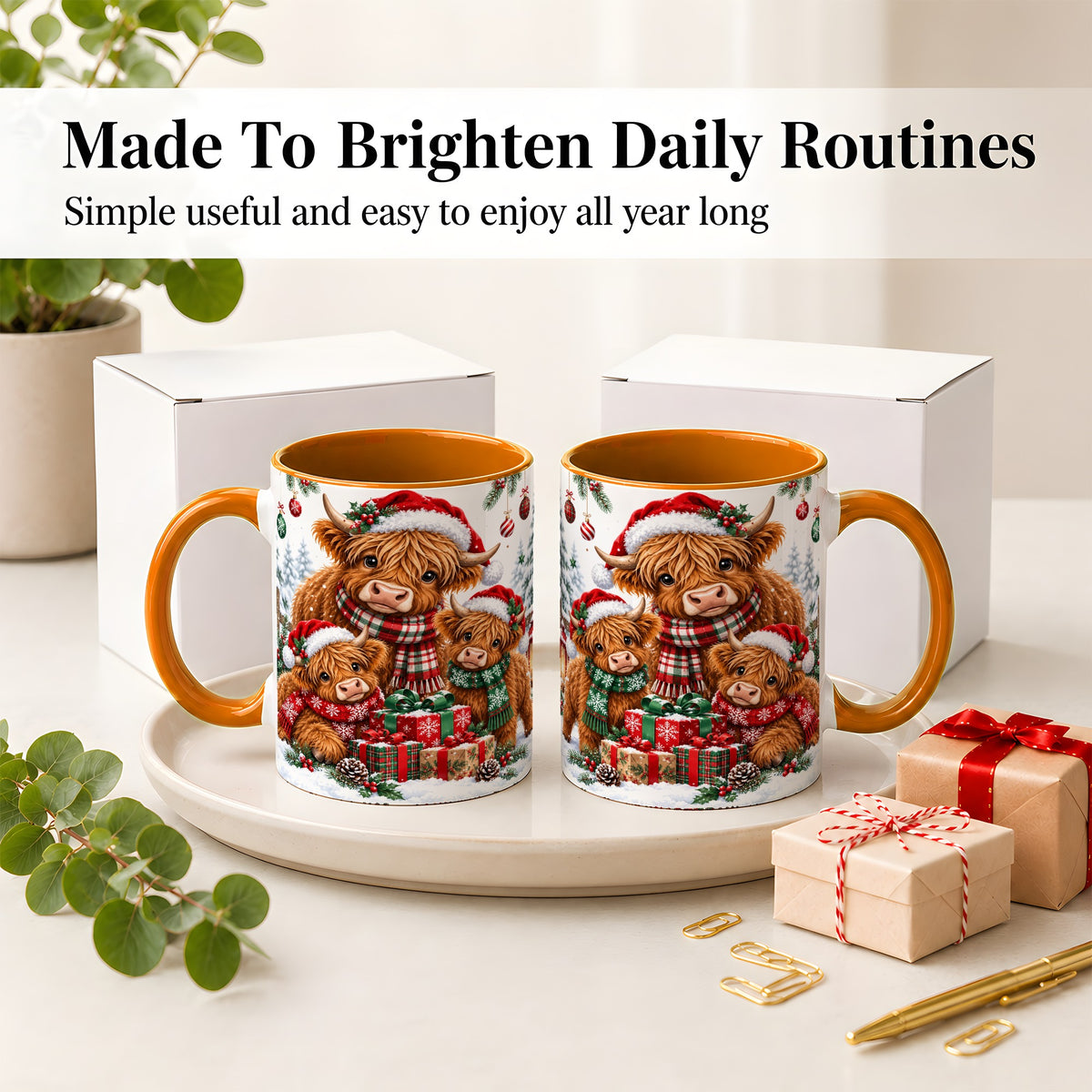 #pl[11oz|Orange] Christmas Highland Cow Ceramic Mug, Mug with Winter Farm Artwork