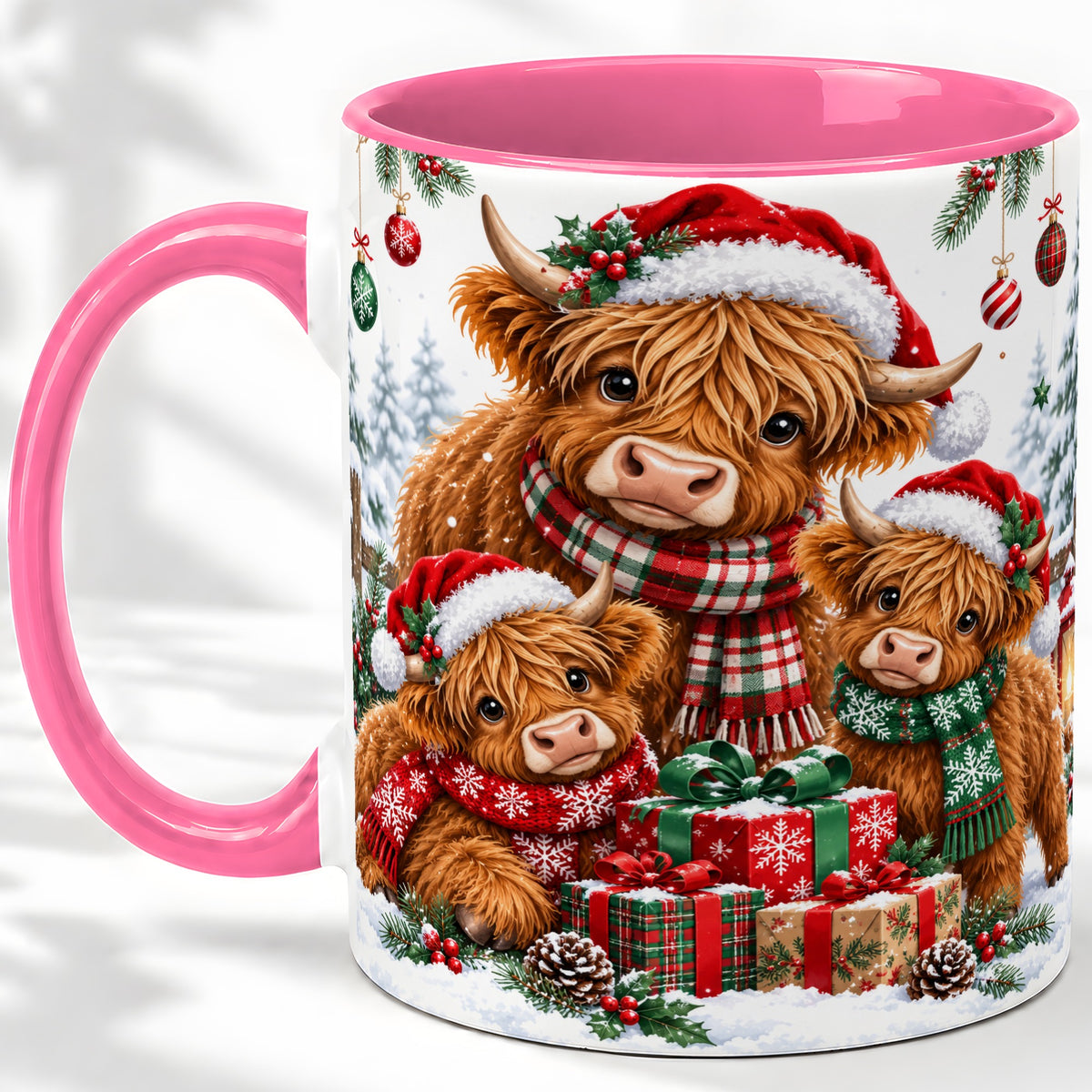 #pl[11oz|Pink] Christmas Highland Cow Ceramic Mug, Mug with Winter Farm Artwork