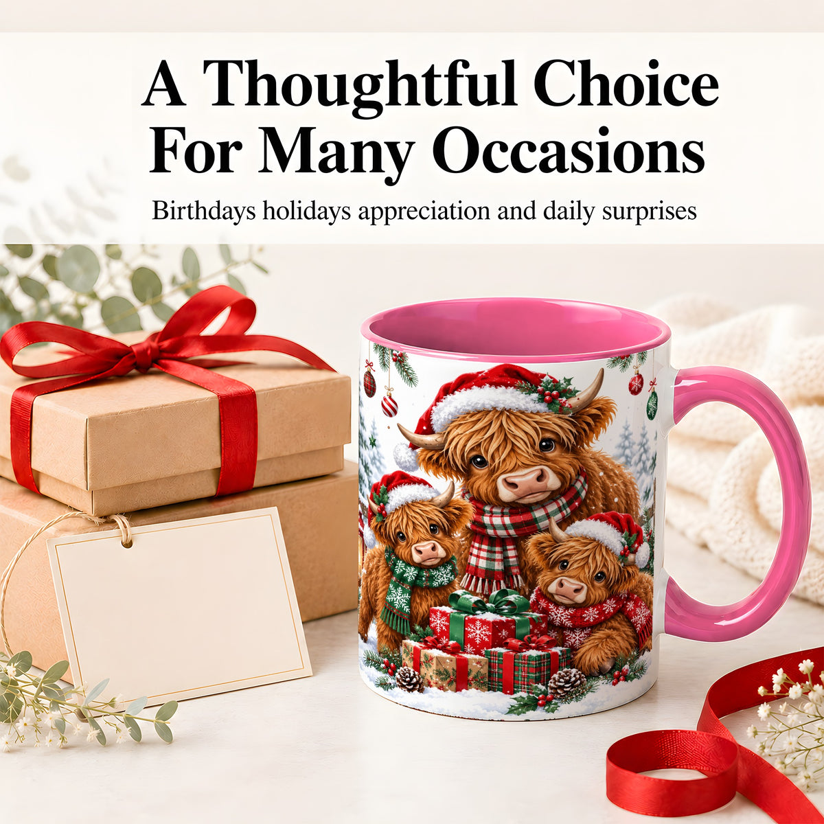 #pl[11oz|Pink] Christmas Highland Cow Ceramic Mug, Mug with Winter Farm Artwork