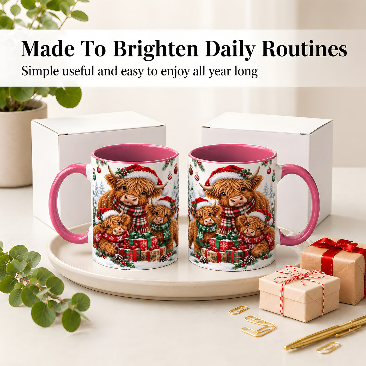 #pl[11oz|Pink] Christmas Highland Cow Ceramic Mug, Mug with Winter Farm Artwork