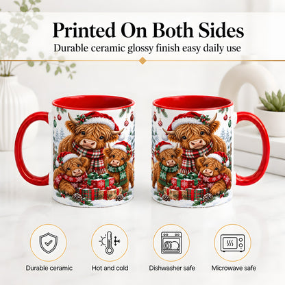 #pl[11oz|Red] Christmas Highland Cow Ceramic Mug, Mug with Winter Farm Artwork