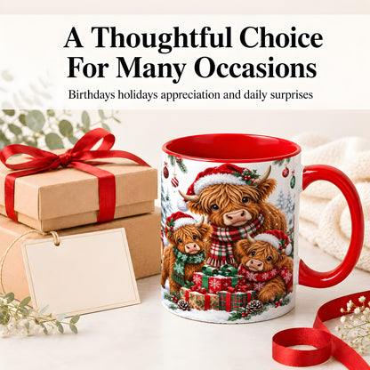 #pl[11oz|Red] Christmas Highland Cow Ceramic Mug, Mug with Winter Farm Artwork