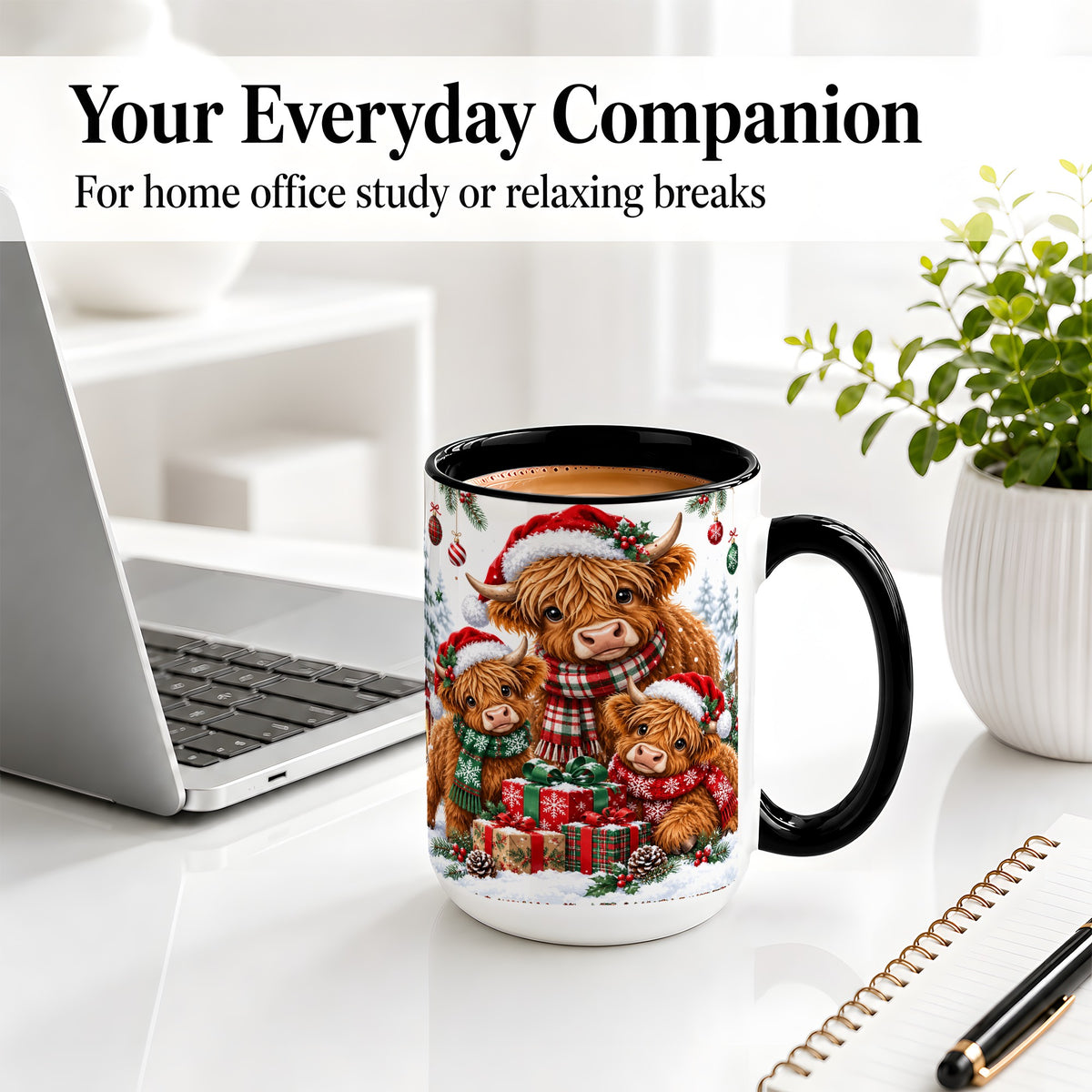 #pl[15oz|Black] Christmas Highland Cow Ceramic Mug, Mug with Winter Farm Artwork