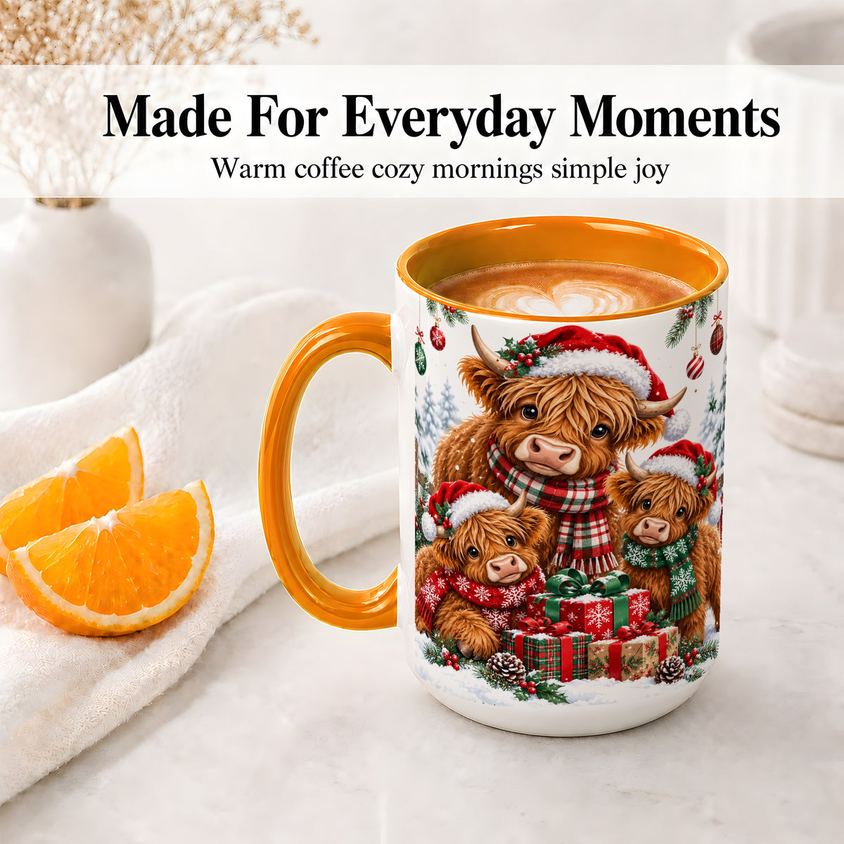 #pl[15oz|Orange] Christmas Highland Cow Ceramic Mug, Mug with Winter Farm Artwork