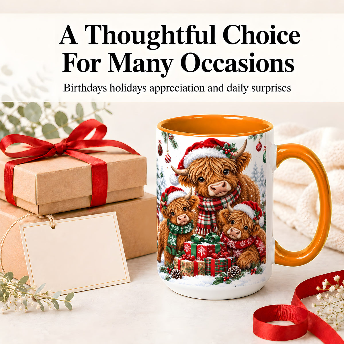 #pl[15oz|Orange] Christmas Highland Cow Ceramic Mug, Mug with Winter Farm Artwork