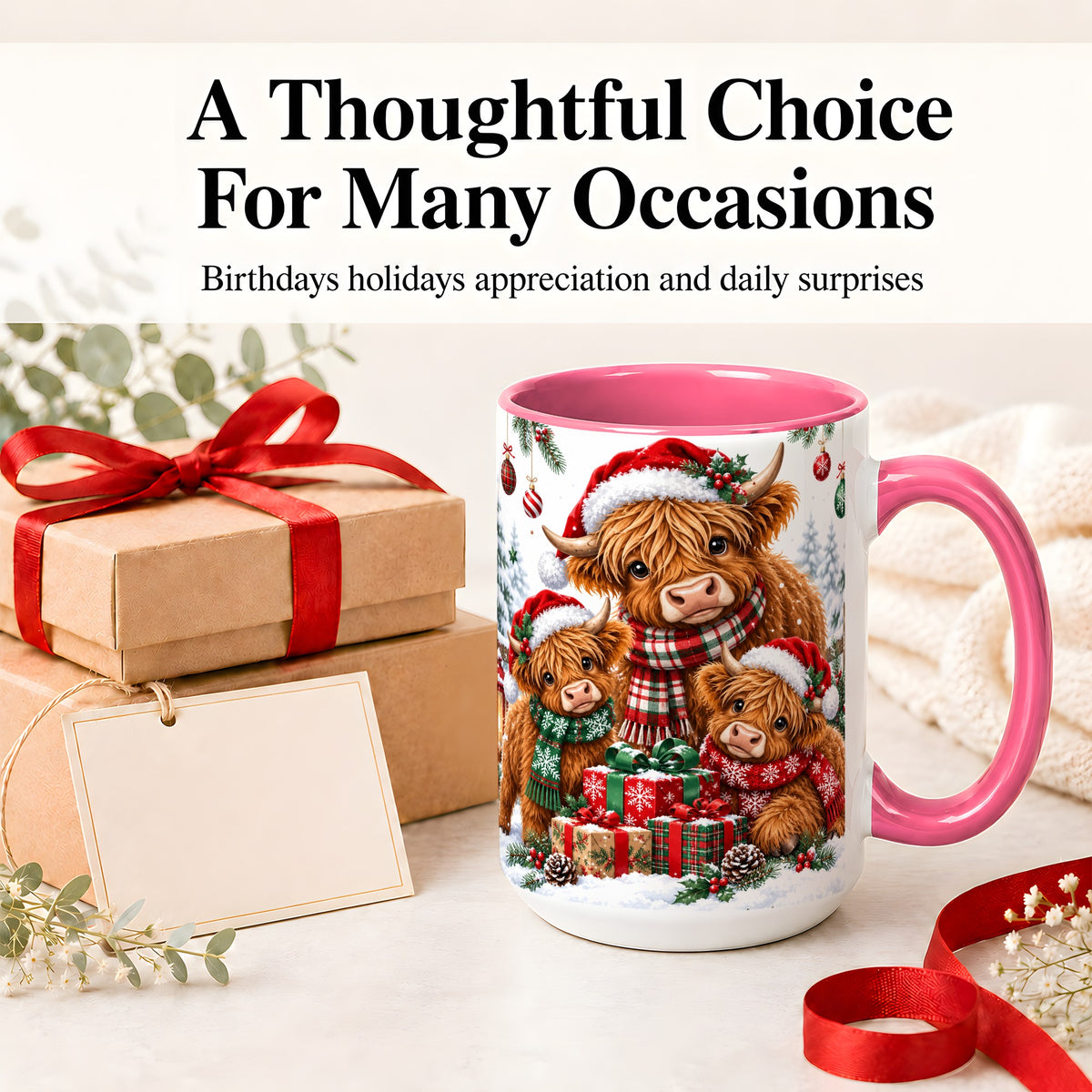 #pl[15oz|Pink] Christmas Highland Cow Ceramic Mug, Mug with Winter Farm Artwork