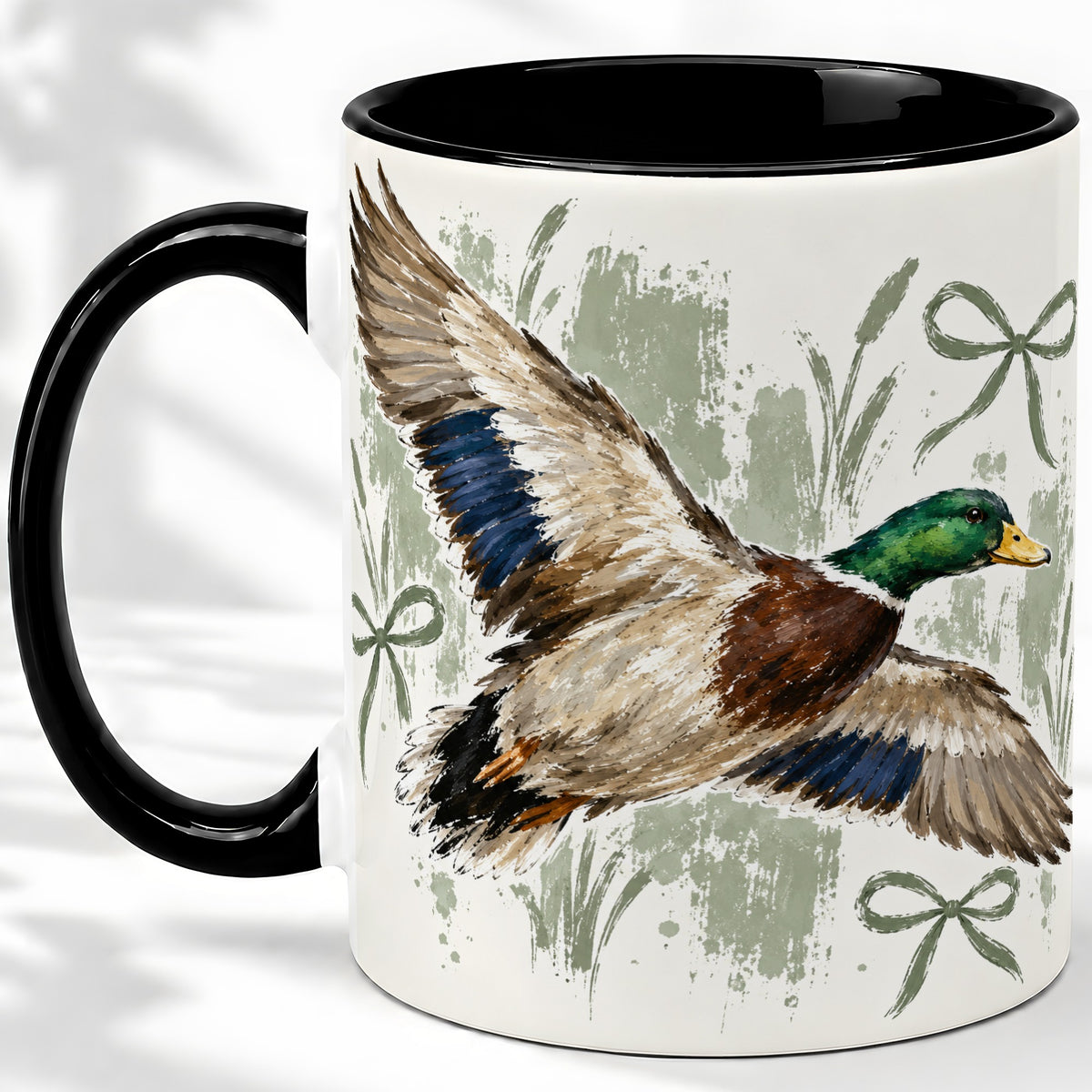 #pl[11oz|Black] Mallard Duck Ceramic Mug, Mug with Rustic Bow Artwork