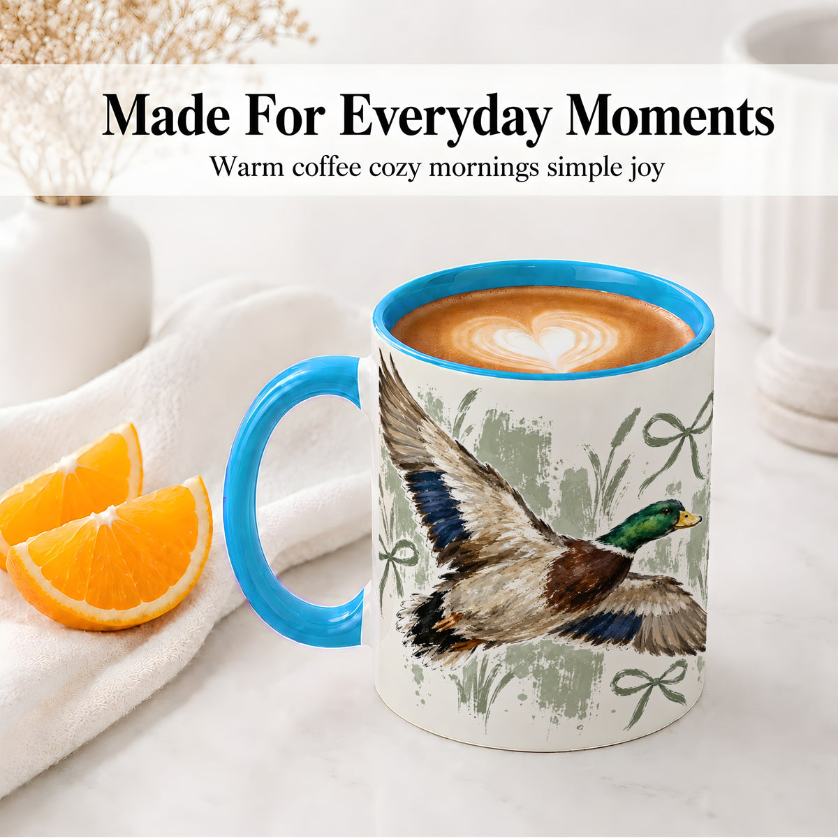 #pl[11oz|Blue] Mallard Duck Ceramic Mug, Mug with Rustic Bow Artwork