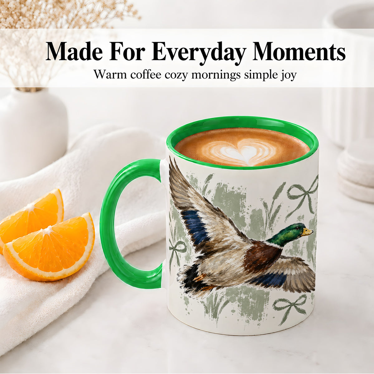 #pl[11oz|Green] Mallard Duck Ceramic Mug, Mug with Rustic Bow Artwork