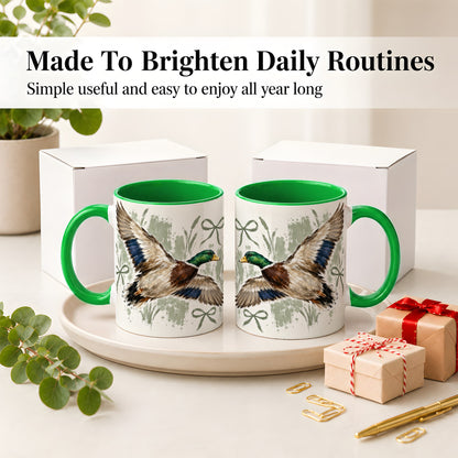 #pl[11oz|Green] Mallard Duck Ceramic Mug, Mug with Rustic Bow Artwork