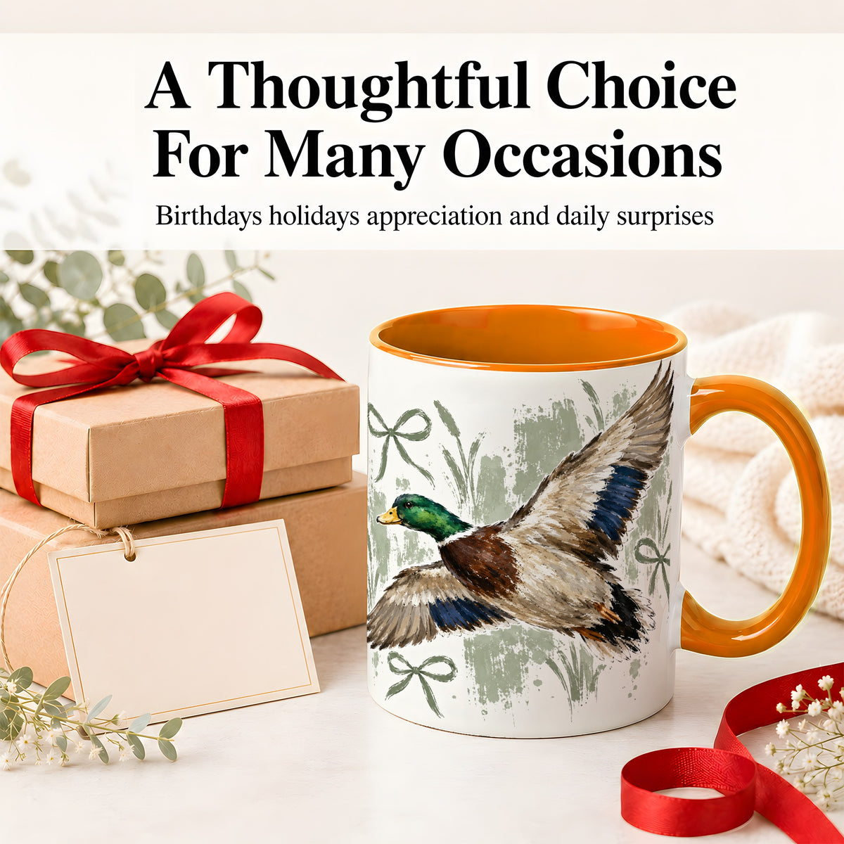 #pl[11oz|Orange] Mallard Duck Ceramic Mug, Mug with Rustic Bow Artwork