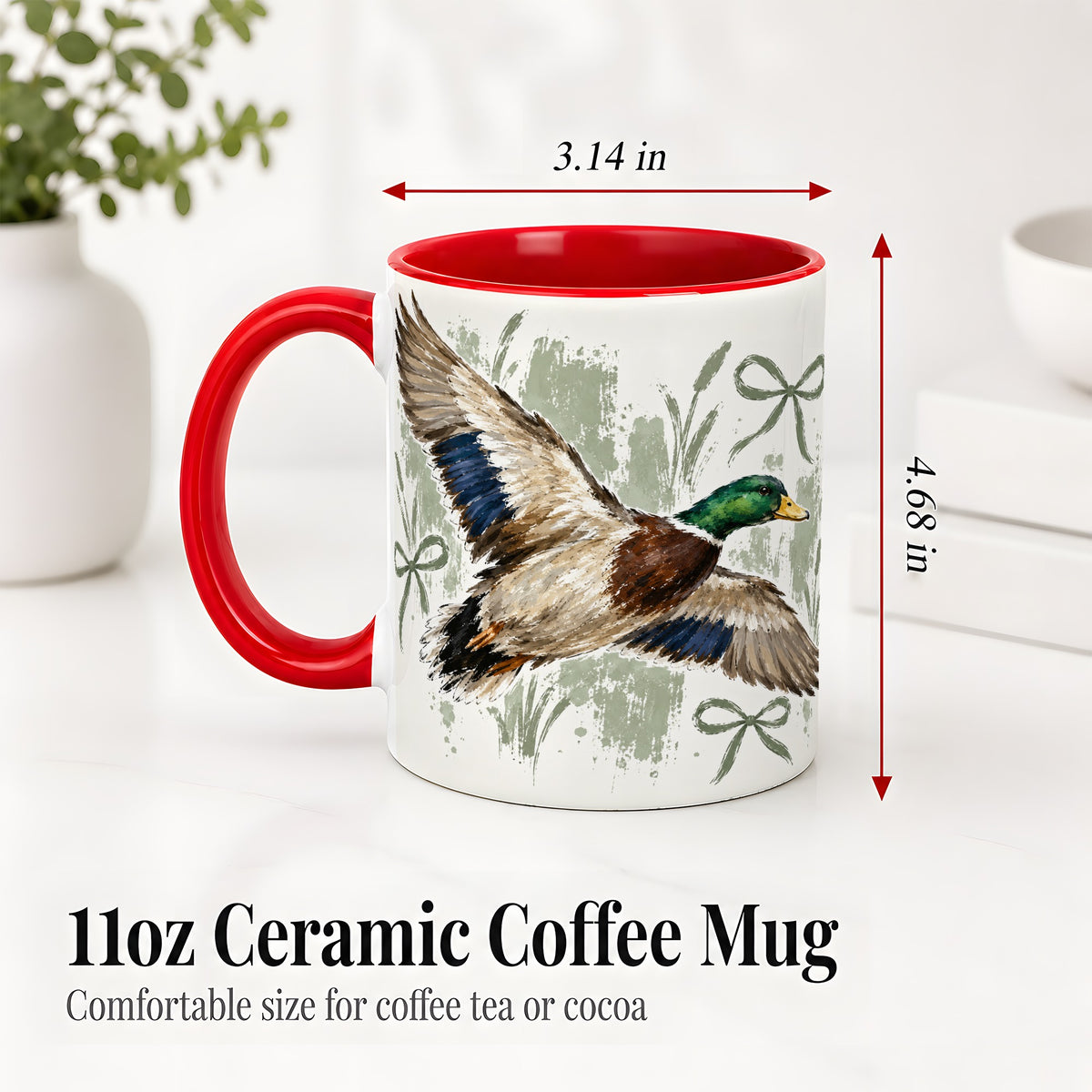 #pl[11oz|Red] Mallard Duck Ceramic Mug, Mug with Rustic Bow Artwork