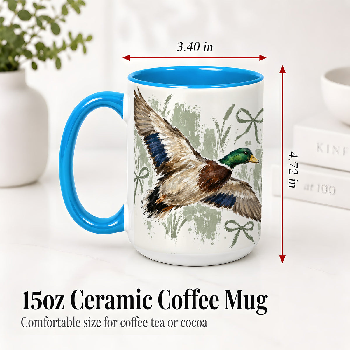 #pl[15oz|Blue] Mallard Duck Ceramic Mug, Mug with Rustic Bow Artwork