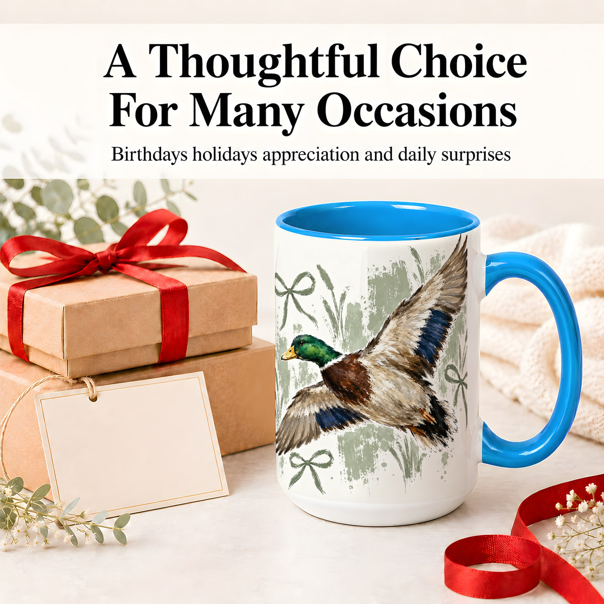 #pl[15oz|Blue] Mallard Duck Ceramic Mug, Mug with Rustic Bow Artwork