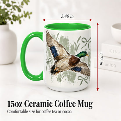 #pl[15oz|Green] Mallard Duck Ceramic Mug, Mug with Rustic Bow Artwork