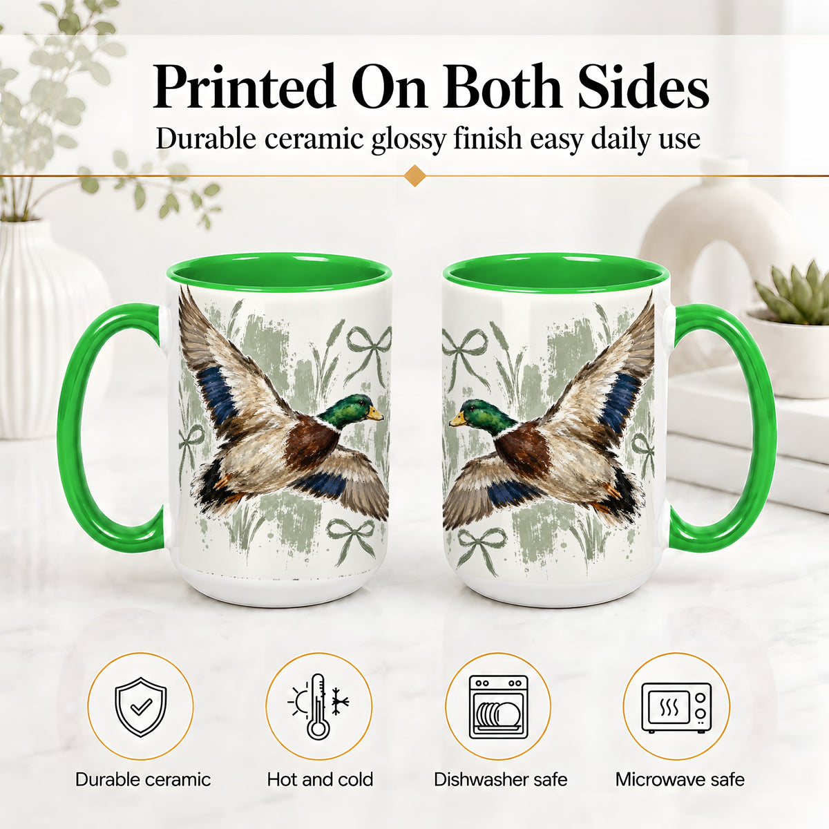 #pl[15oz|Green] Mallard Duck Ceramic Mug, Mug with Rustic Bow Artwork