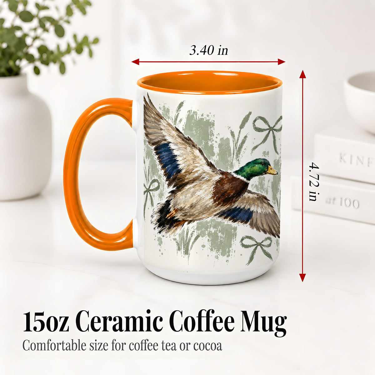 #pl[15oz|Orange] Mallard Duck Ceramic Mug, Mug with Rustic Bow Artwork