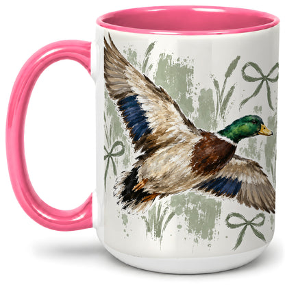 #pl[15oz|Pink] Mallard Duck Ceramic Mug, Mug with Rustic Bow Artwork