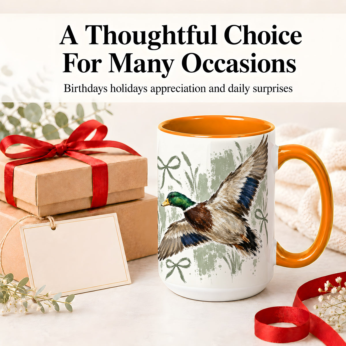 #pl[15oz|Orange] Mallard Duck Ceramic Mug, Mug with Rustic Bow Artwork