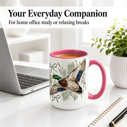 #pl[15oz|Pink] Mallard Duck Ceramic Mug, Mug with Rustic Bow Artwork