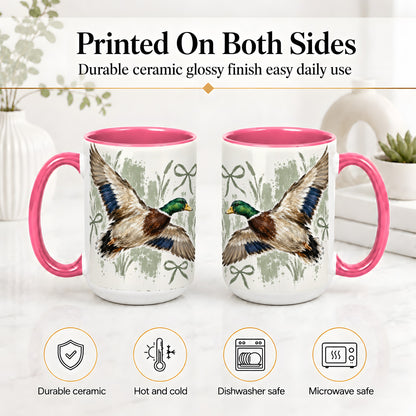 #pl[15oz|Pink] Mallard Duck Ceramic Mug, Mug with Rustic Bow Artwork