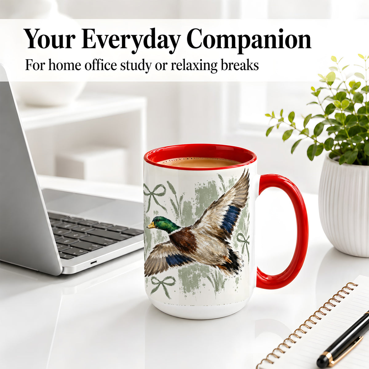 #pl[15oz|Red] Mallard Duck Ceramic Mug, Mug with Rustic Bow Artwork