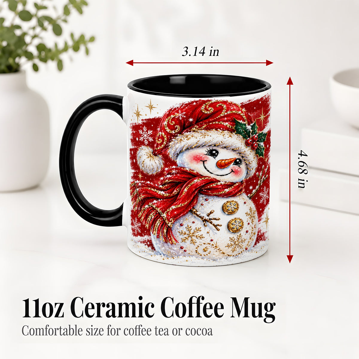 #pl[11oz|Black] Red Christmas Snowman Ceramic Mug, Mug with Festive Artwork