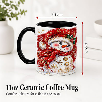#pl[11oz|Black] Red Christmas Snowman Ceramic Mug, Mug with Festive Artwork