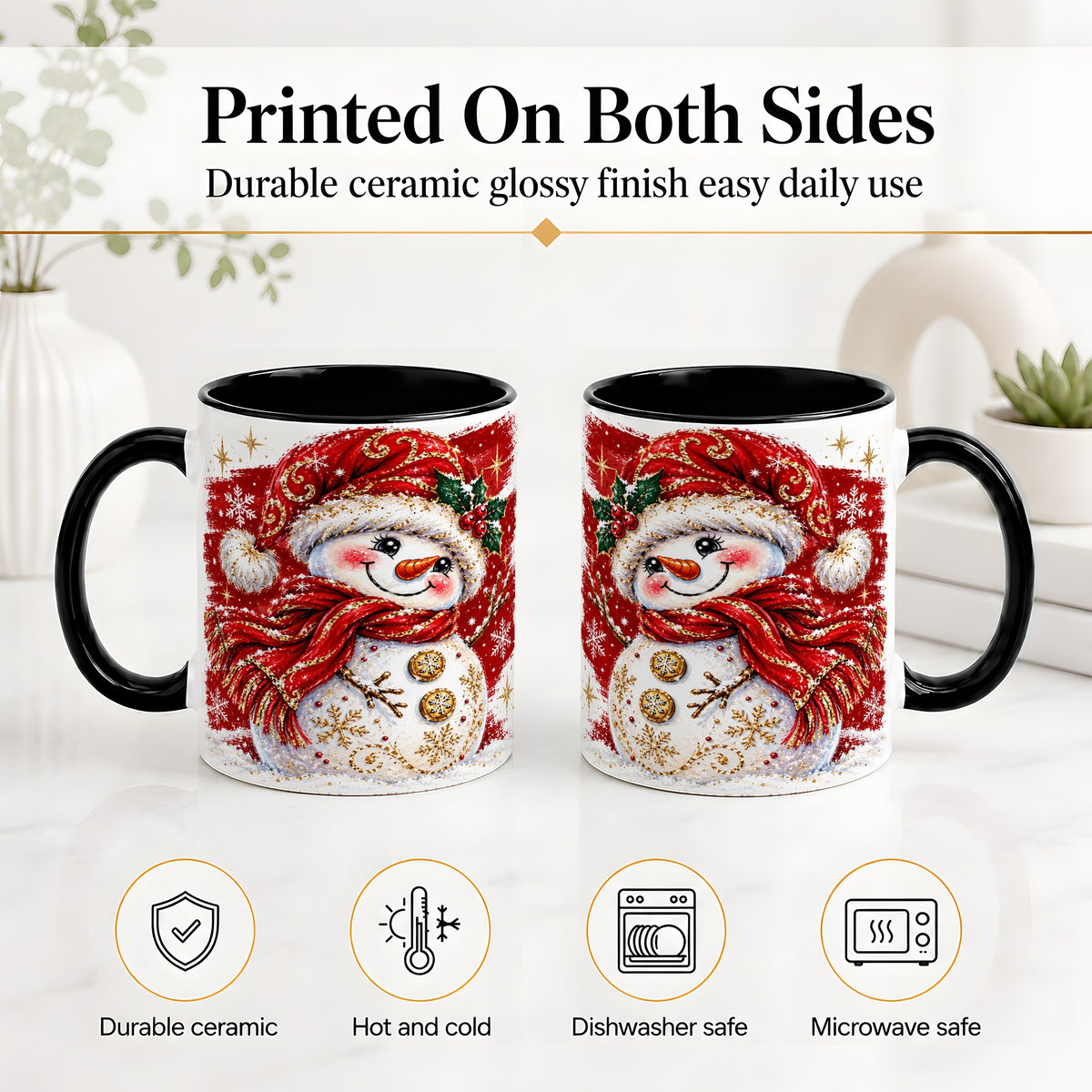 #pl[11oz|Black] Red Christmas Snowman Ceramic Mug, Mug with Festive Artwork