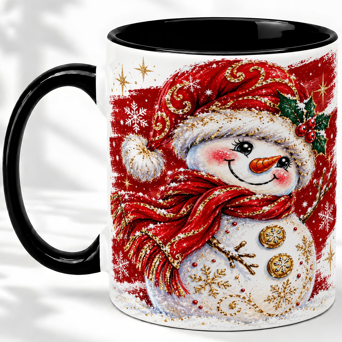 #pl[11oz|Black] Red Christmas Snowman Ceramic Mug, Mug with Festive Artwork