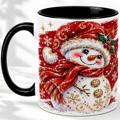 #pl[11oz|Black] Red Christmas Snowman Ceramic Mug, Mug with Festive Artwork