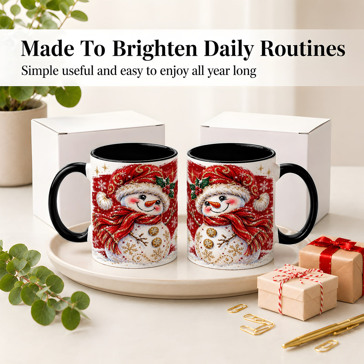 #pl[11oz|Black] Red Christmas Snowman Ceramic Mug, Mug with Festive Artwork