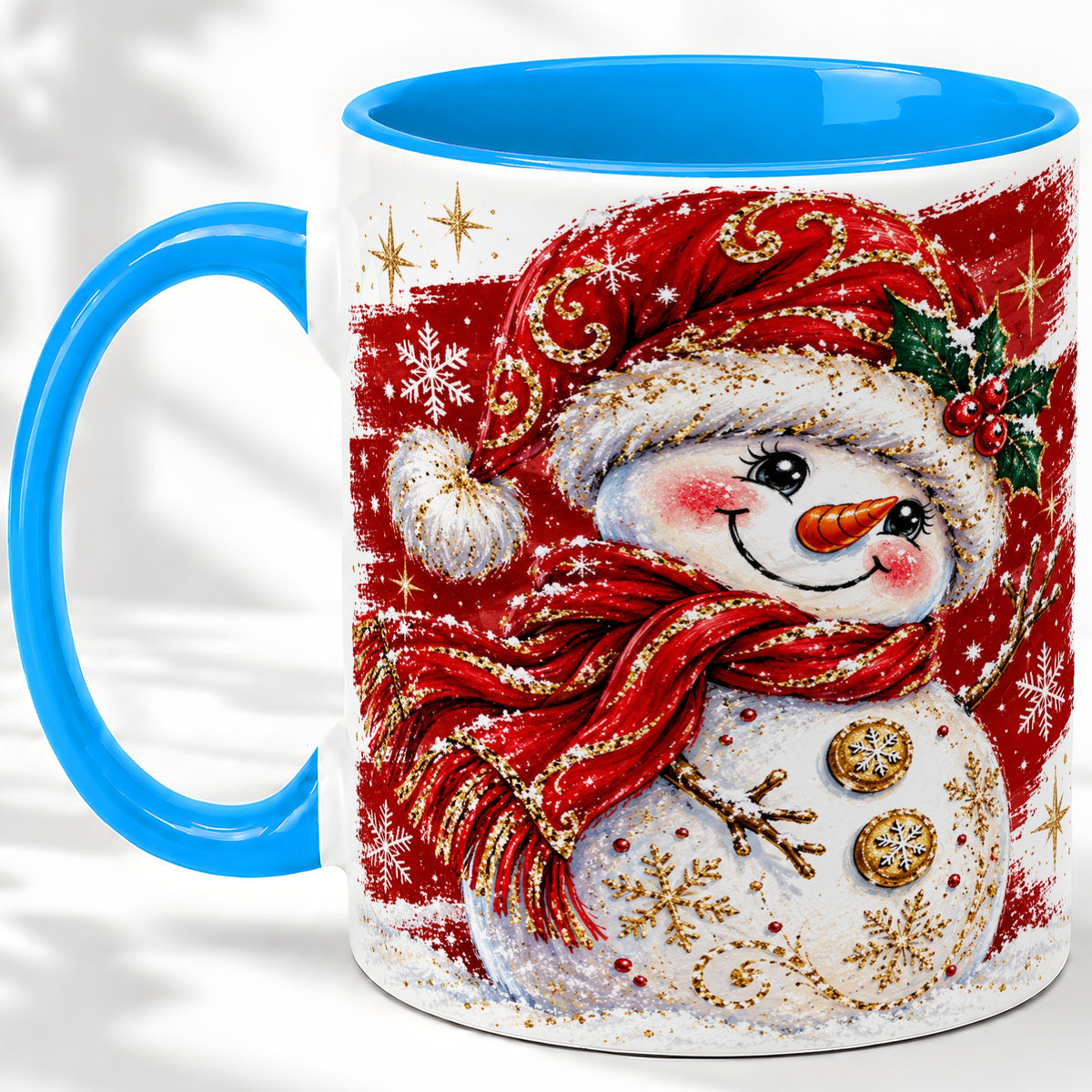 #pl[11oz|Blue] Red Christmas Snowman Ceramic Mug, Mug with Festive Artwork