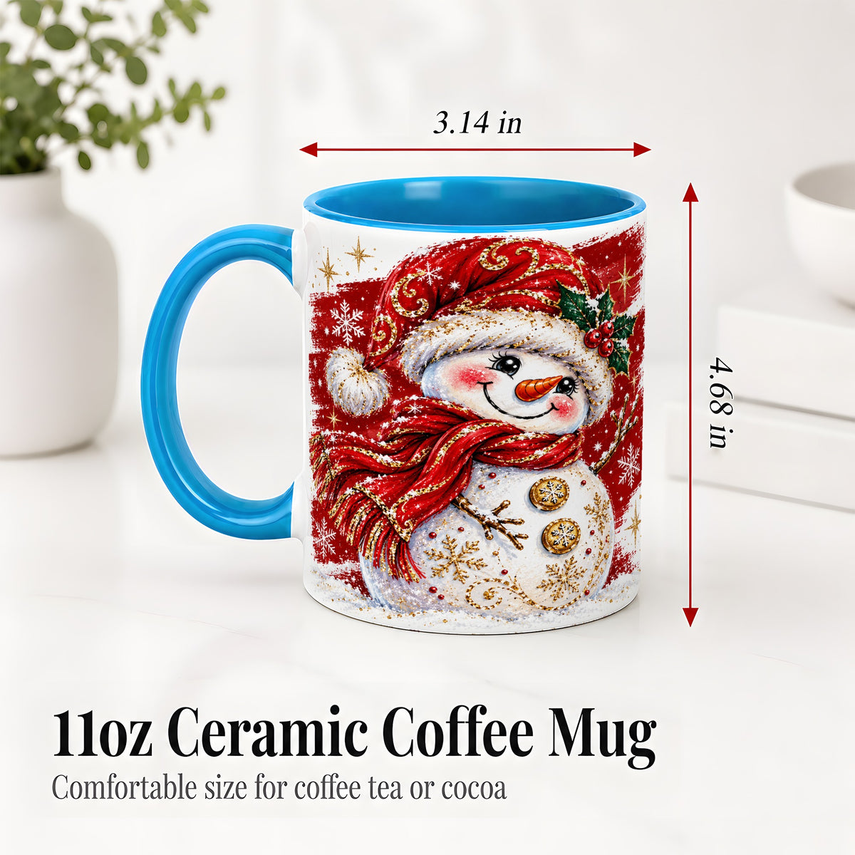 #pl[11oz|Blue] Red Christmas Snowman Ceramic Mug, Mug with Festive Artwork