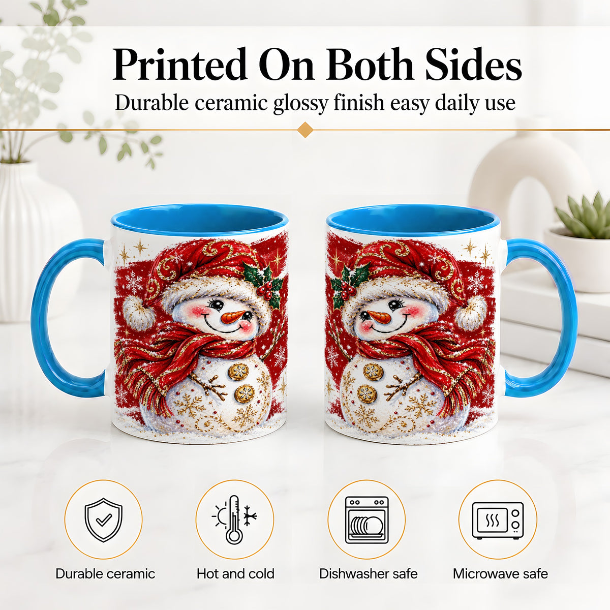 #pl[11oz|Blue] Red Christmas Snowman Ceramic Mug, Mug with Festive Artwork